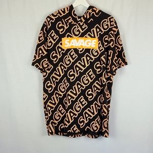Savage  All-Over Logo Print Short Sleeve Hoodie Shirt in Multi, Size XL